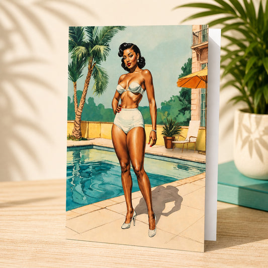 Vintage Poolside Pinup Card – Retro Bikini Glam Summer Greeting