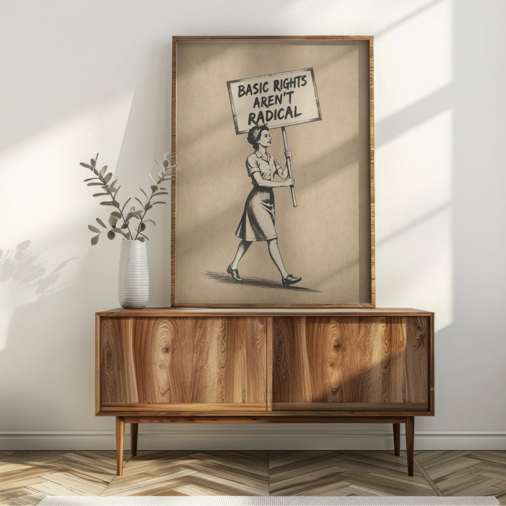 Wooden cabinet with framed artwork above it on a wall.