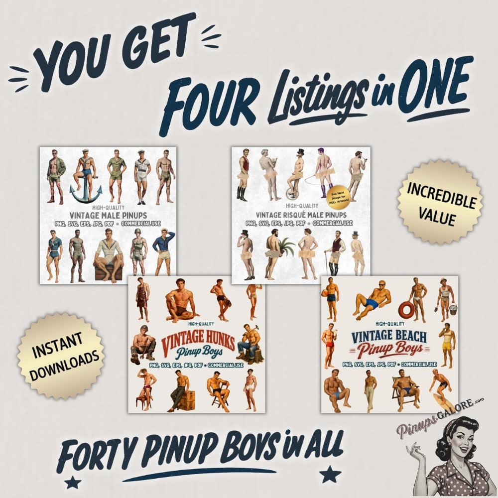 Promotional graphic for vintage male pinup boys with text about four listings and instant downloads.
