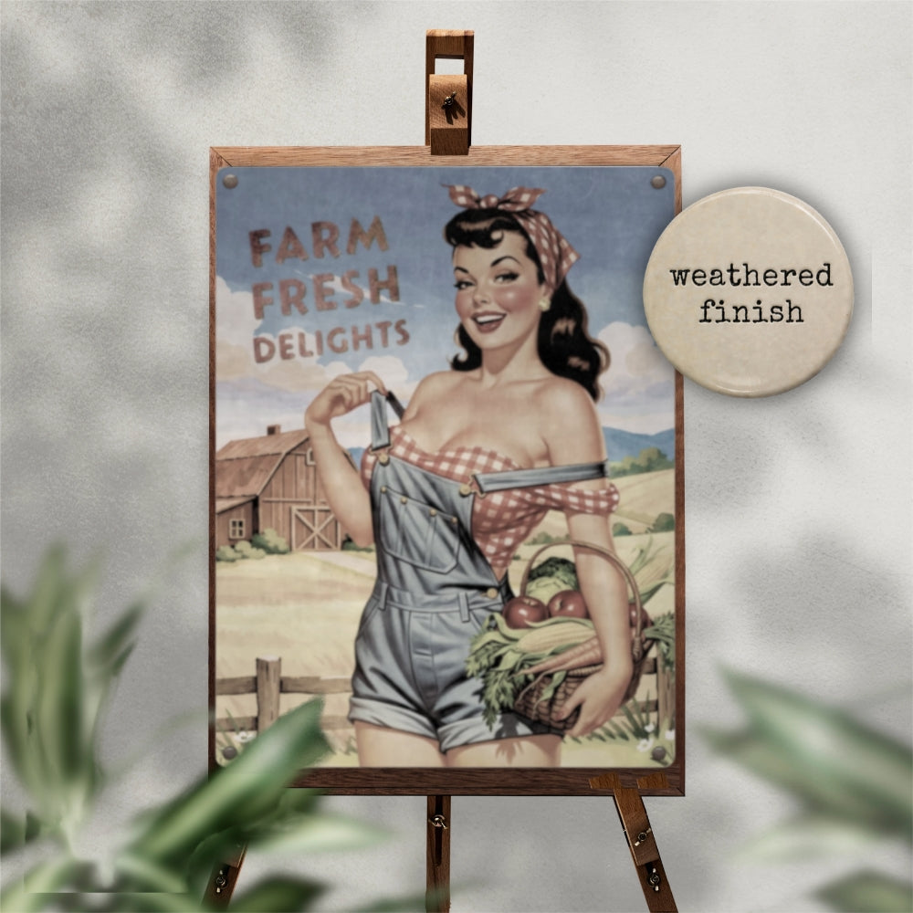 Farm Fresh Delights country farm pinup girl metal poster displayed on an easel with the text "weathered finish"