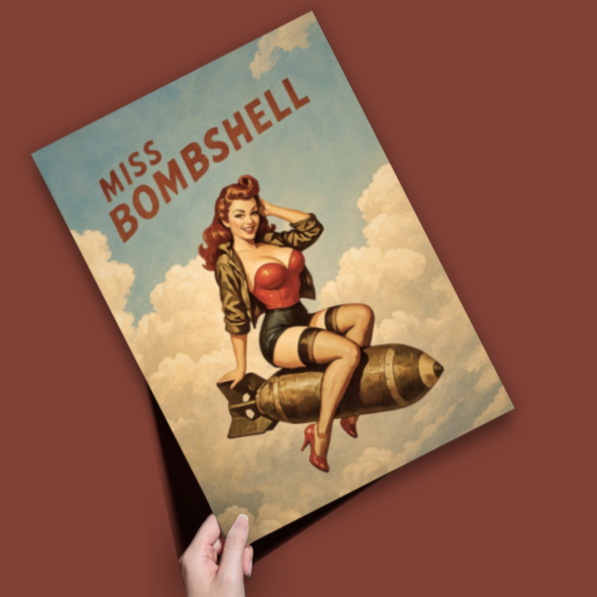 Vintage-style poster with a woman sitting on a bomb labeled 'Miss Bombshell' against a cloudy sky.