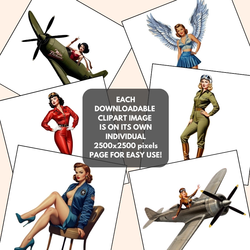 Vintage-style illustrations of women in military uniforms with text about downloadable clipart images.