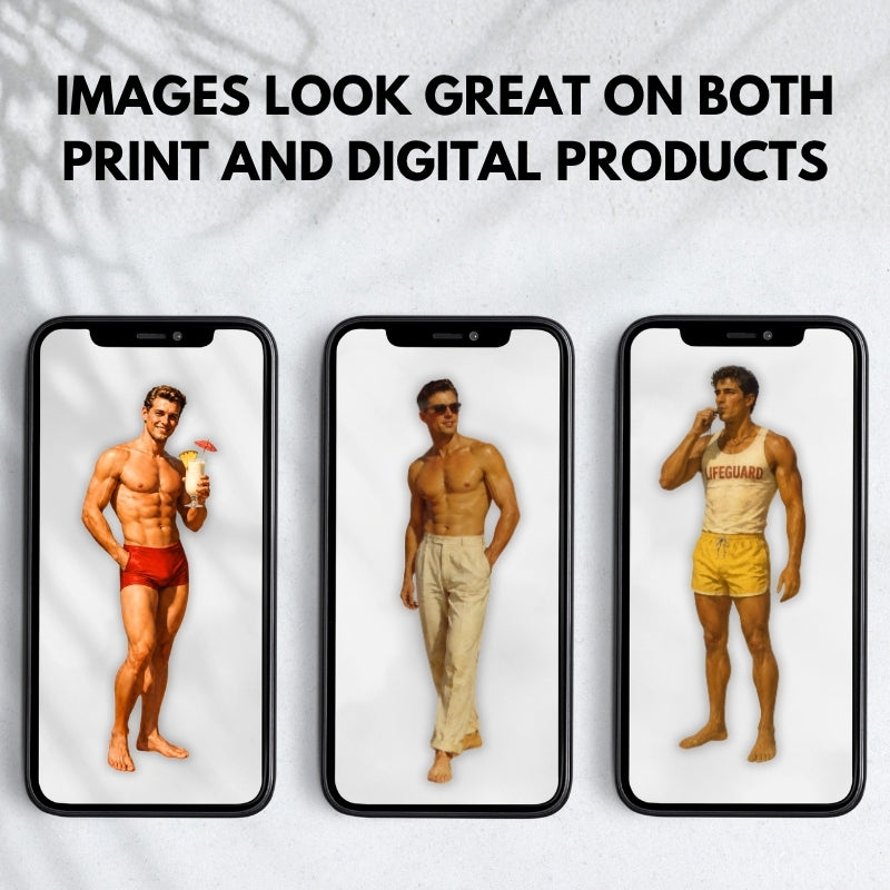 Three smartphones displaying images of men in different outfits on a textured white background.