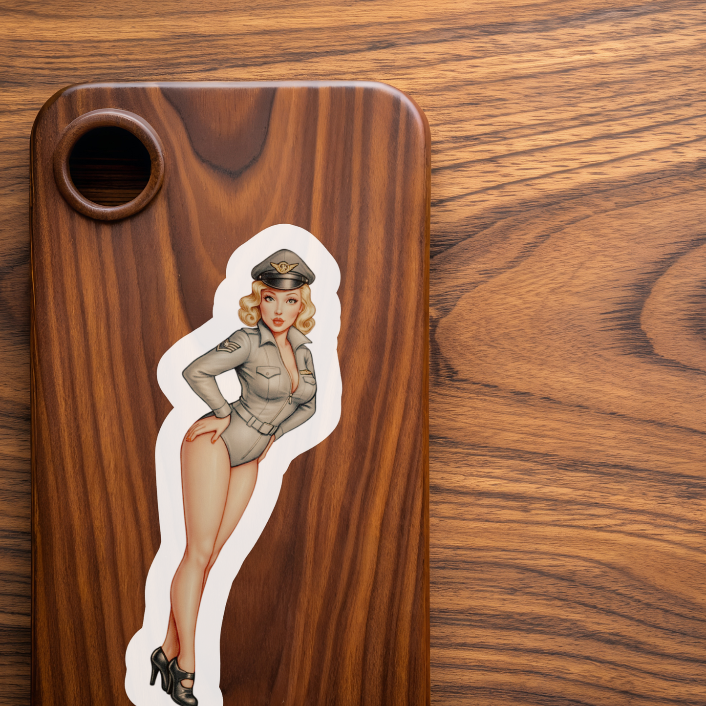Phone case with a pin-up girl design on a wooden surface