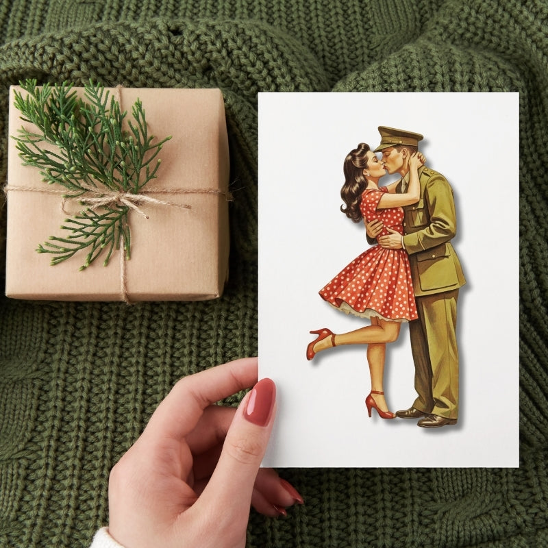 Gift wrapped in brown paper with greenery next to a card with a vintage-style illustration of a couple on a green textured background.