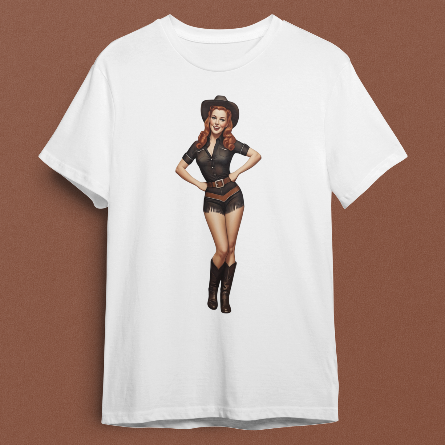 White t-shirt with a graphic of a woman in a cowboy outfit on a brown background