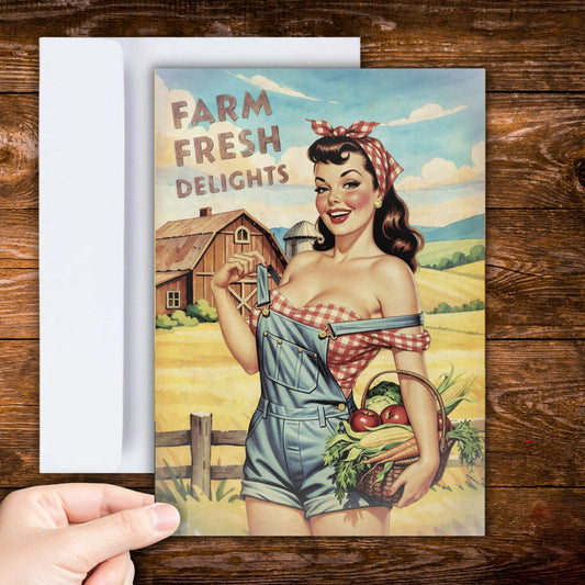 Vintage-style greeting card with a pinup girl in overalls holding a basket of vegetables, set against a farm scene.