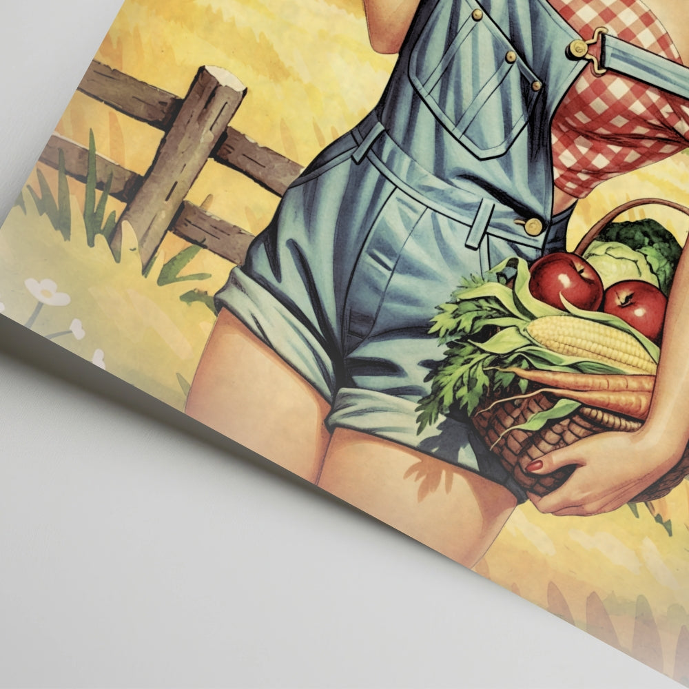 Illustration of a person in overalls holding a basket of vegetables with a wooden fence and yellow sky in the background.