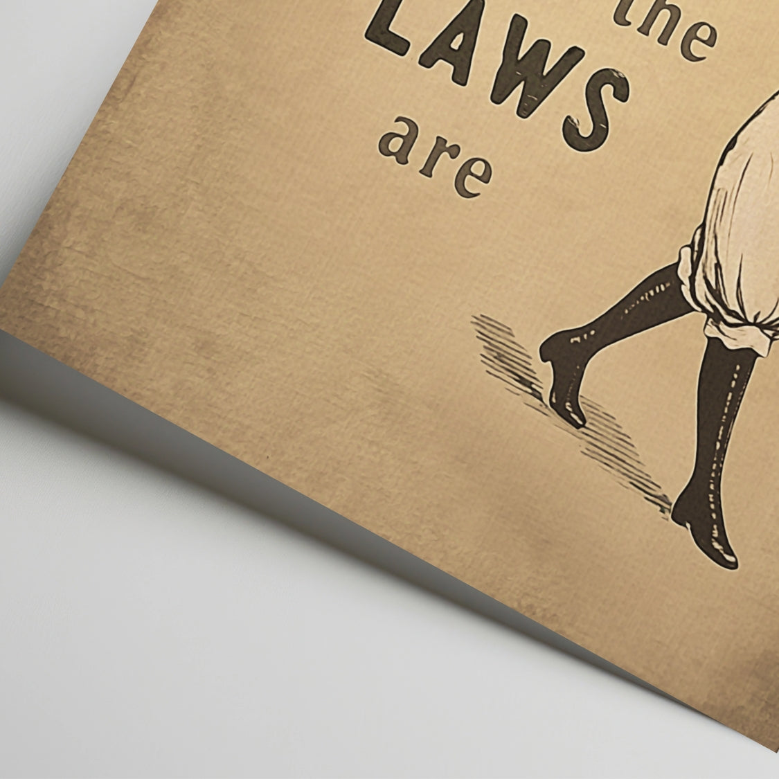 Brown paper bag with black text and illustration of a person in stockings on a light gray background
