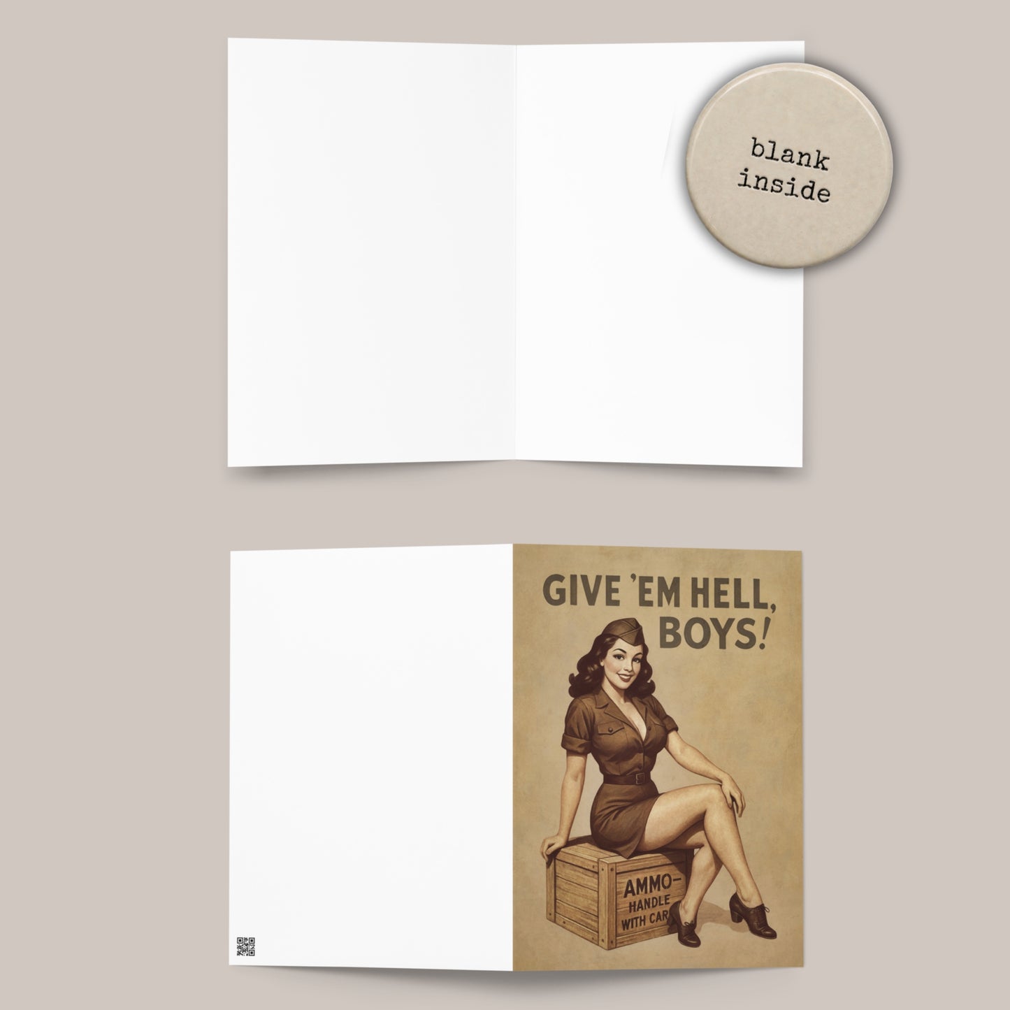 Greeting card with vintage-style illustration of a woman and text 'Give 'em hell, boys!' on a beige background.