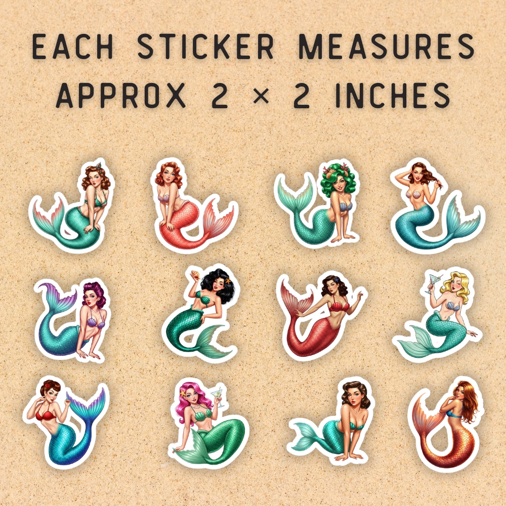 Mermaid stickers on a beige background with text about size.