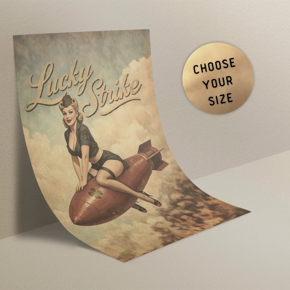Lucky Strike advertisement with a woman on a bomb, featuring vintage design elements.