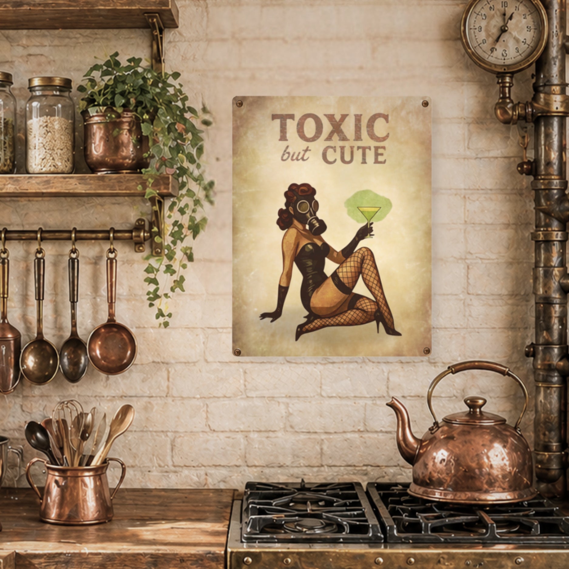 Vintage kitchen with copper utensils, a teapot, and a 'Toxic but Cute' poster on a brick wall.