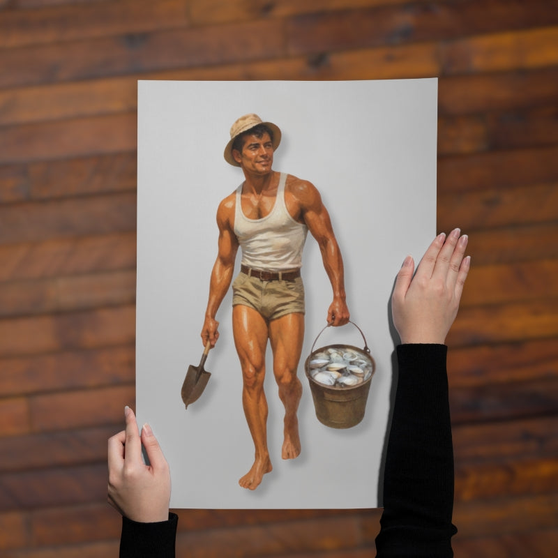 Person holding a print of a man with a shovel and bucket against a wooden wall.