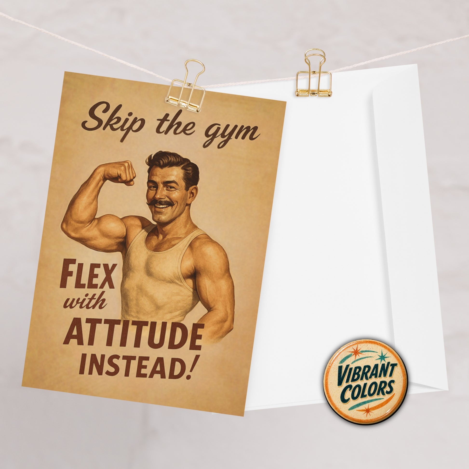 Poster greeting card with vintage-style illustration of a muscular man and motivational text, pinned to a whiteboard.