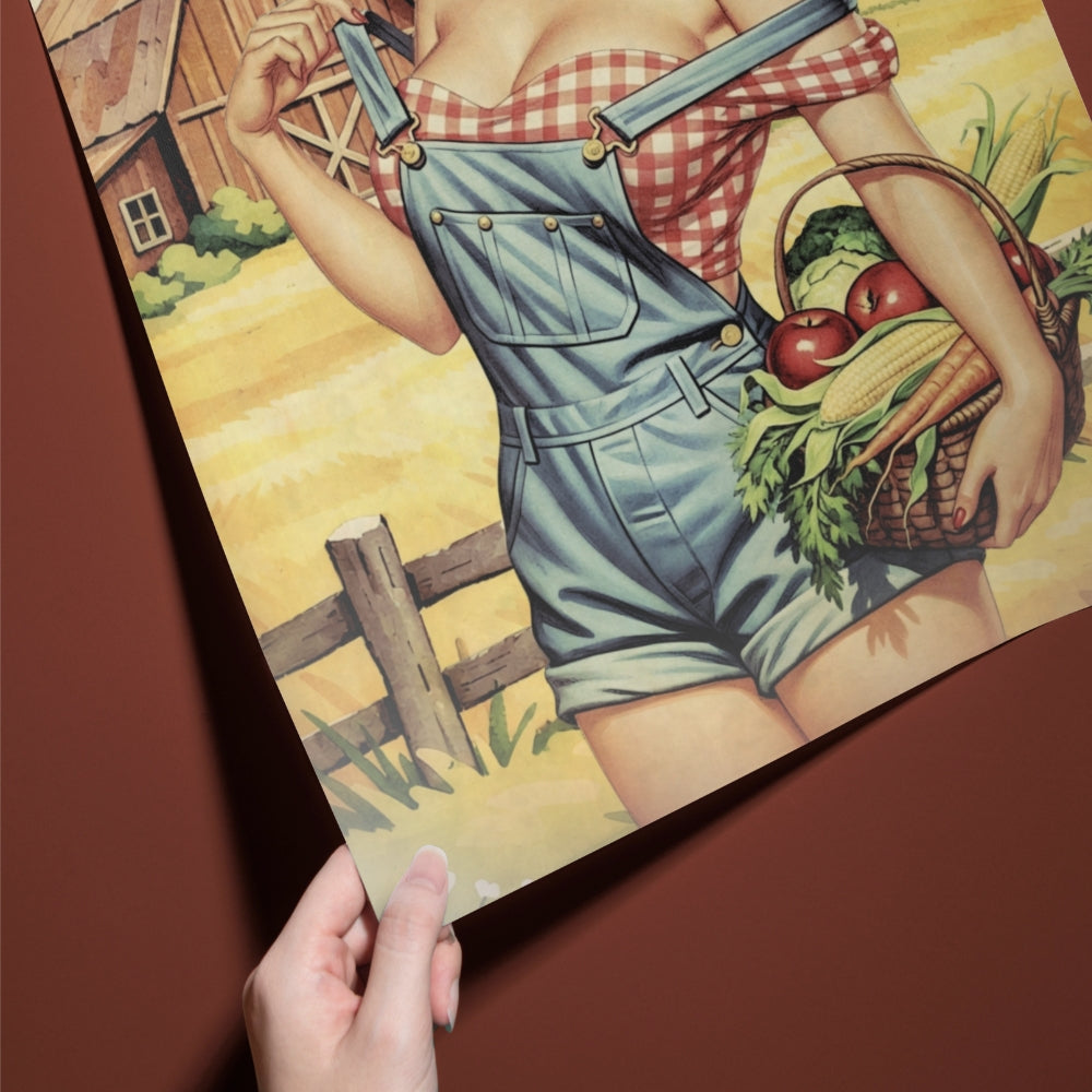 Illustration of a person in overalls holding a basket of vegetables with a farm background.