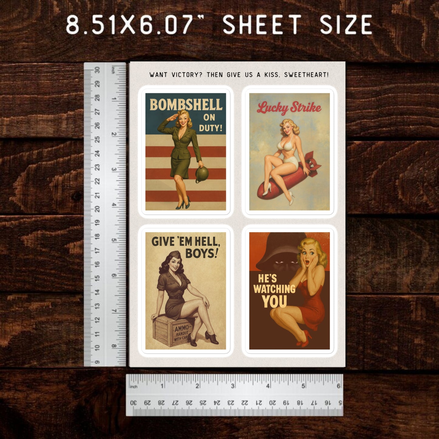 Vintage Pinup Propaganda Sticker Sheet – Retro WWII Pin-Up Girls (4 Large Stickers)