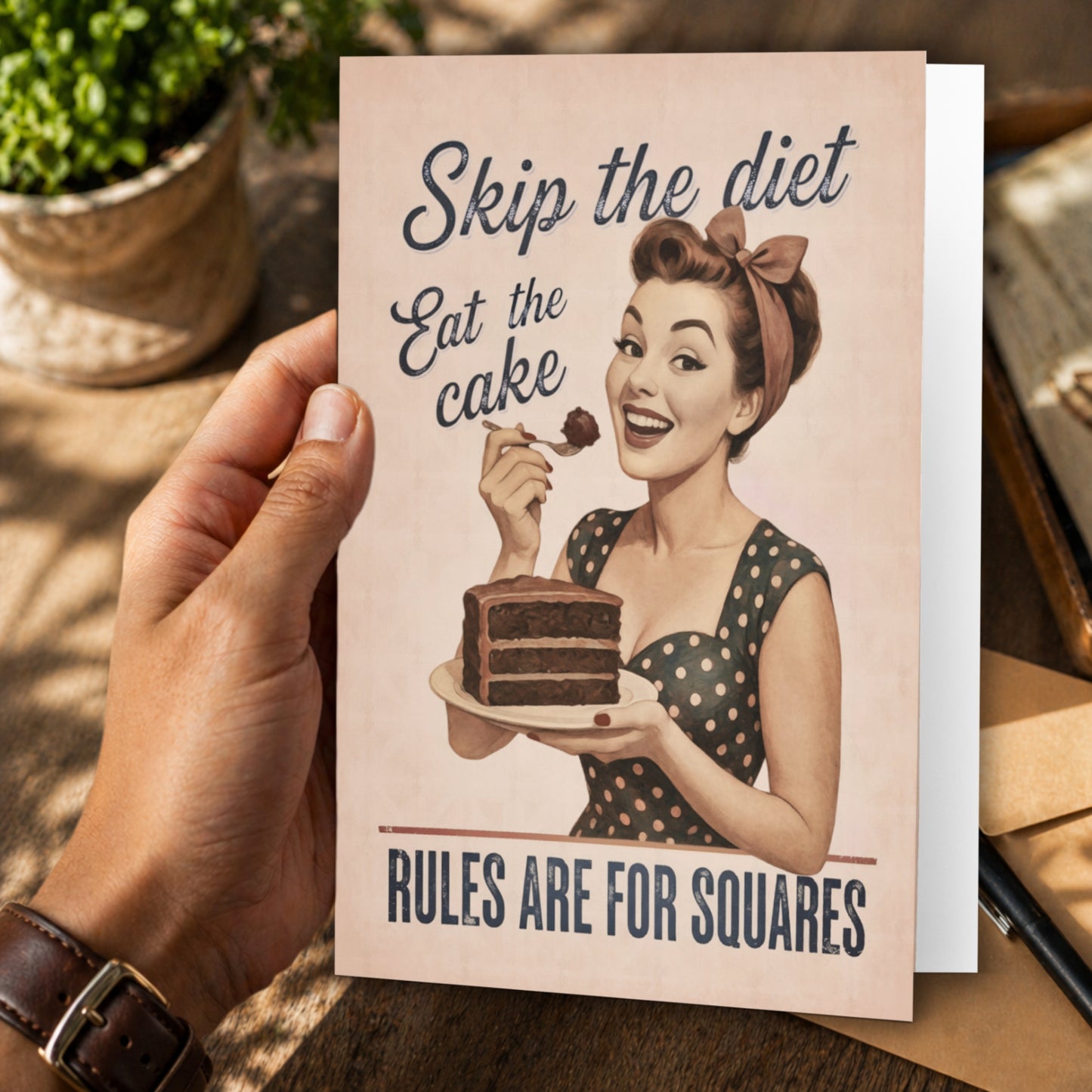 Skip the diet eat the cake, rules are for squares vintage [pink greeting card held by a hand