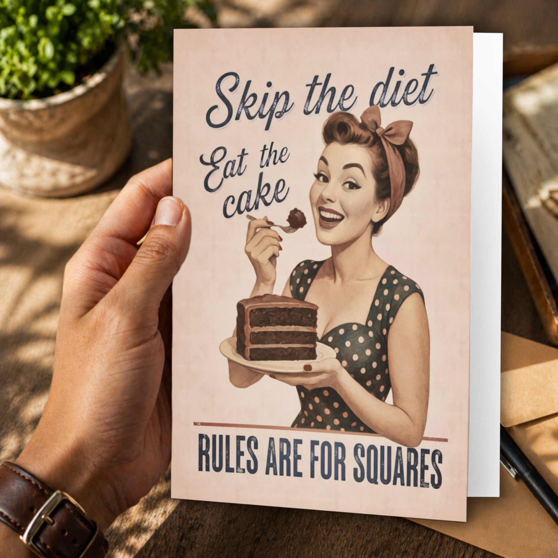 Skip the diet eat the cake, rules are for squares vintage [pink greeting card held by a hand