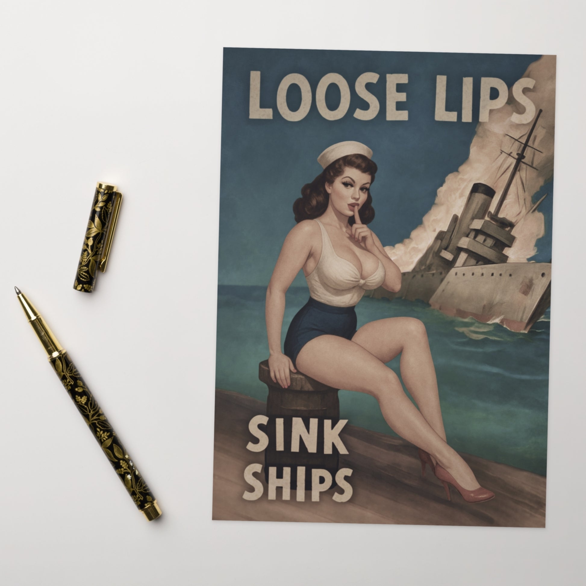 Vintage-style poster card with a woman sitting on a ship's rail and text 'Loose Lips Sink Ships' on a white background.