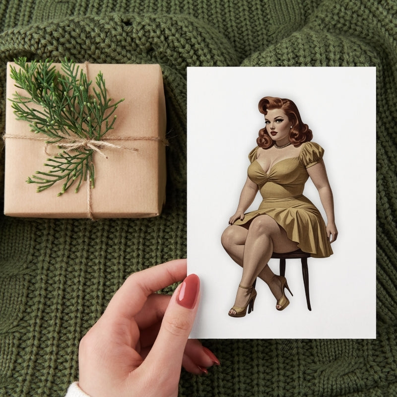 Gift wrapped in brown paper with greenery next to a card with a vintage-style illustration of a woman in a gold dress on a green textured background.