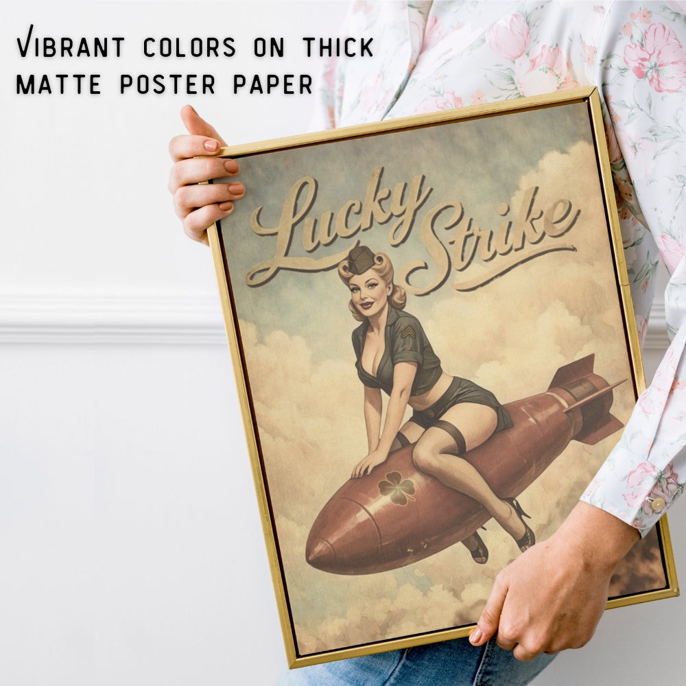 Person holding a 'Lucky Strike' poster with a woman on a bomb design.