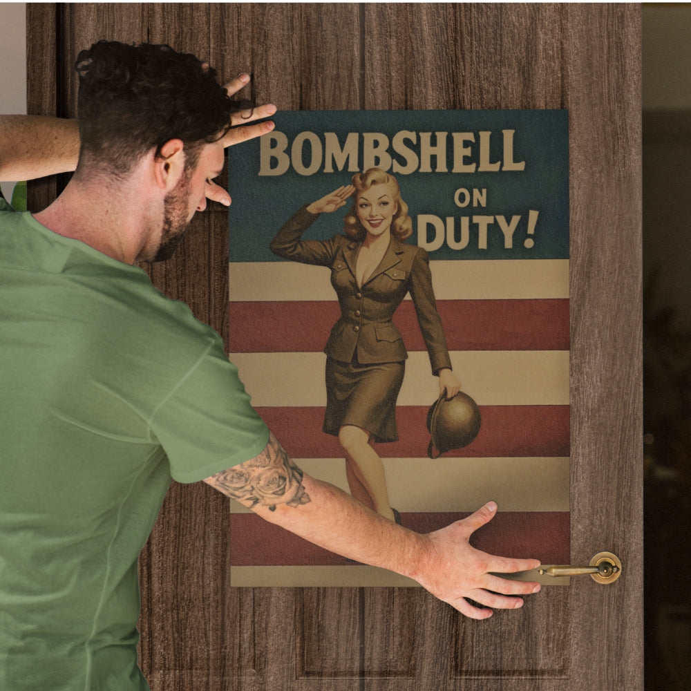 Man opening a door with a vintage-style poster of a woman in uniform and 'Bombshell on Duty!' text.