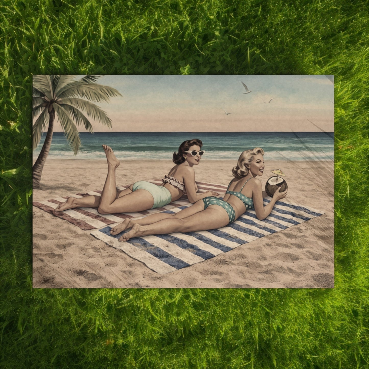 Two women in vintage swimwear lying on a striped towel at the beach with palm trees and ocean in the background.