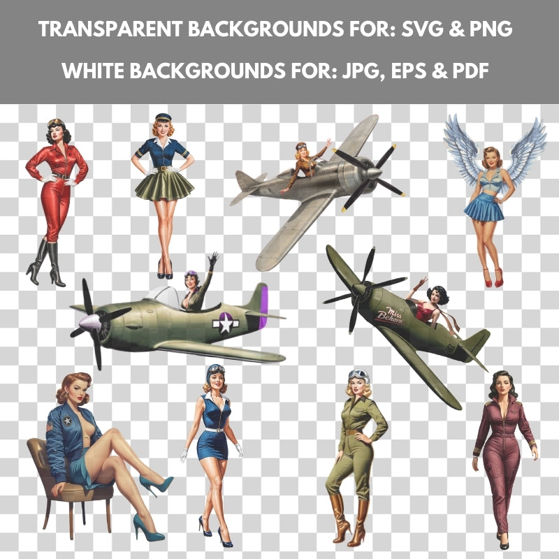 Illustrations of women in various outfits with airplanes on a transparent background.