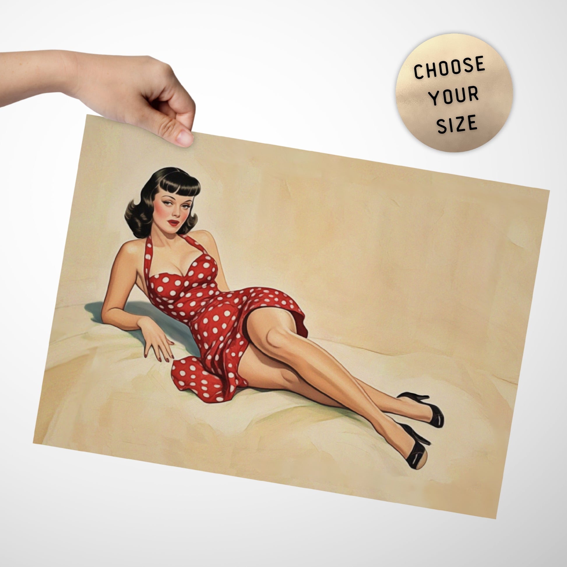 Illustration of a woman in a red polka dot dress on beige paper with 'Choose Your Size' text.