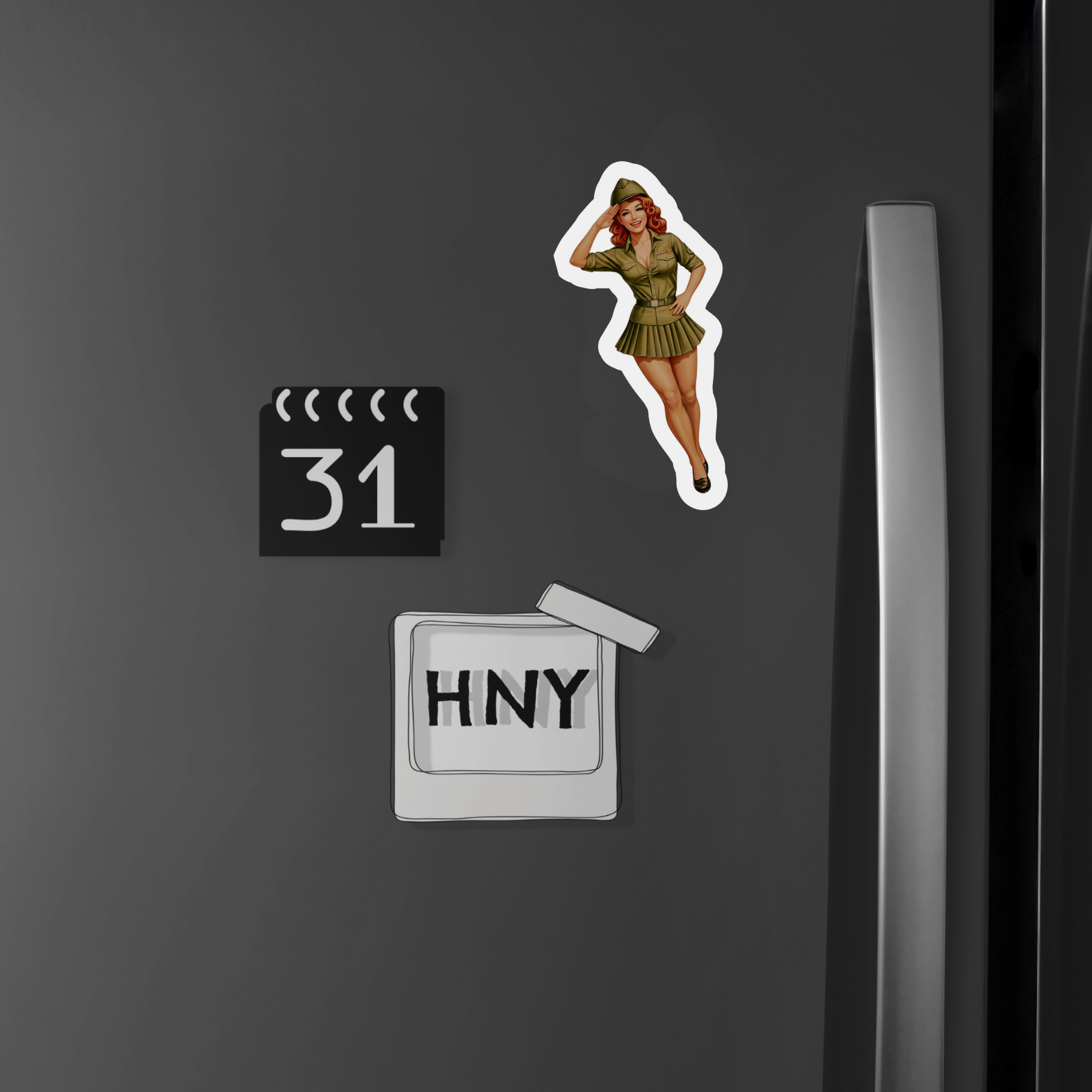 Decorative magnets on a black surface with a calendar, woman in uniform, and 'HNY' text.