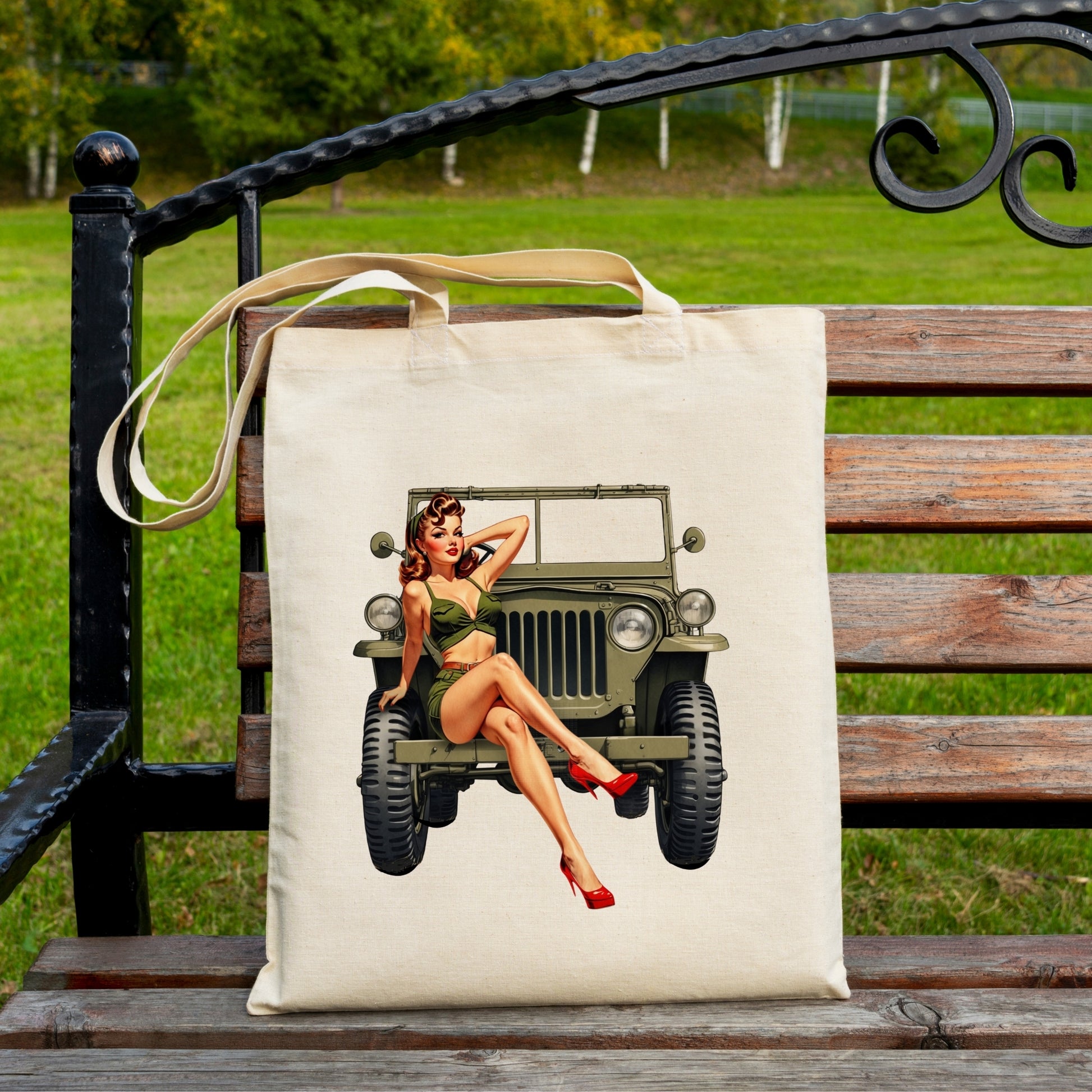Tote bag with a vintage design of a woman sitting on a jeep on a wooden bench outdoors.