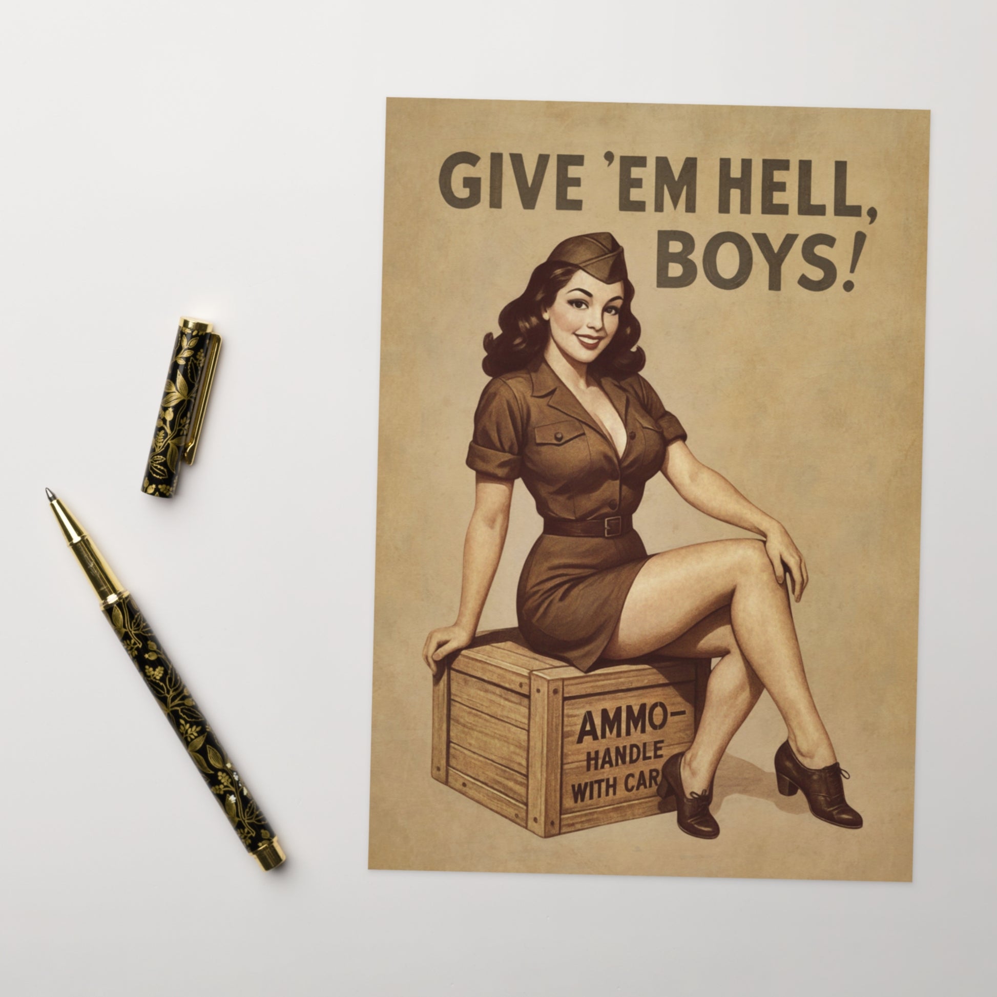 Vintage-style poster with a woman sitting on an ammo crate and a pen on a white background