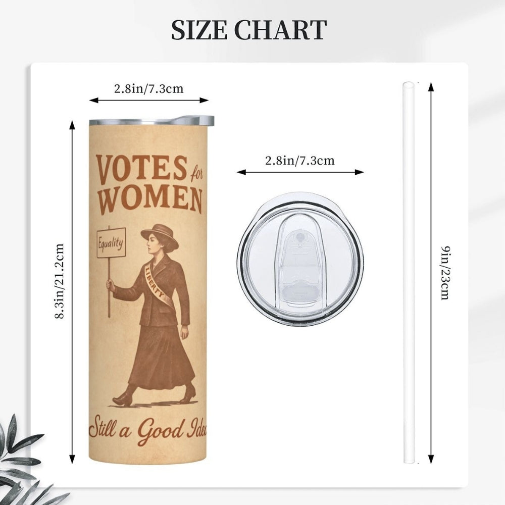Size chart showing dimensions of a votes for women tumbler with a vintage-style design and text.