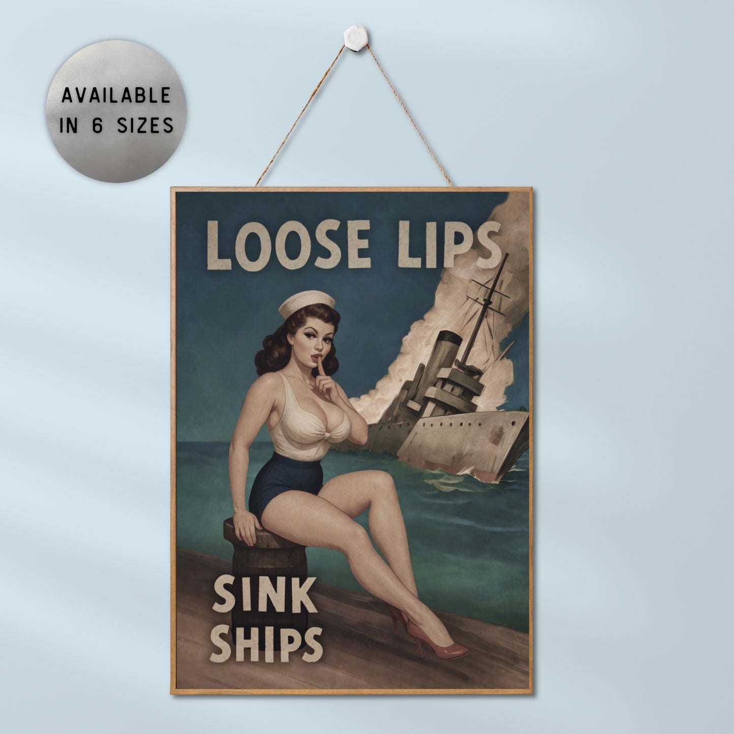 Vintage-style poster with a woman and ship, text 'Loose Lips Sink Ships' on a light blue background.