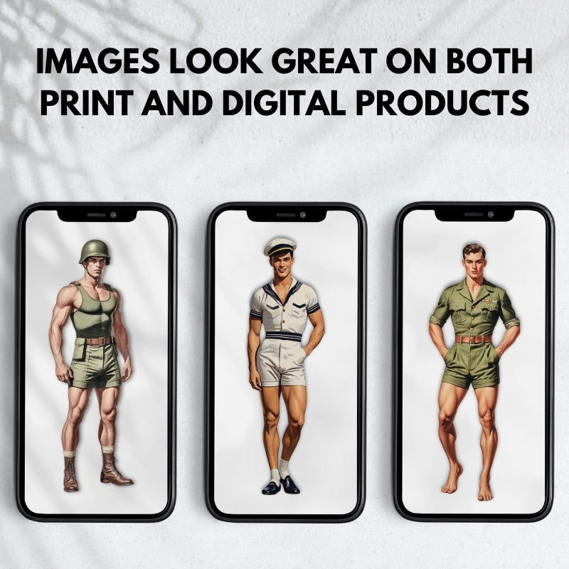 Three smartphone screens displaying images of a man in different uniforms on a textured white background.