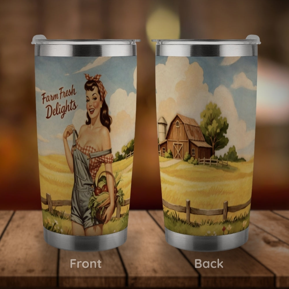 Two tumblers with farm-themed designs on a wooden surface.