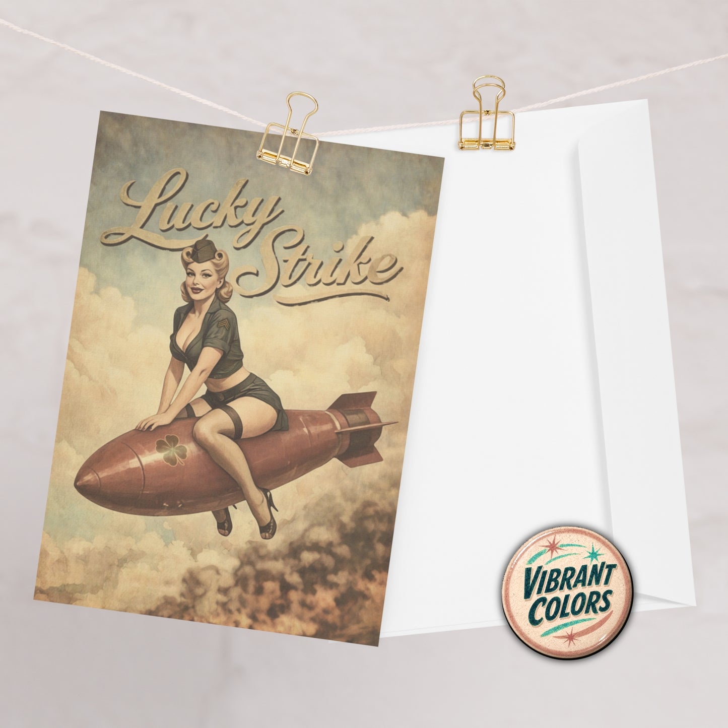 Vintage-style poster with a woman on an airplane, featuring the 'Lucky Strike' brand, hanging on a line.