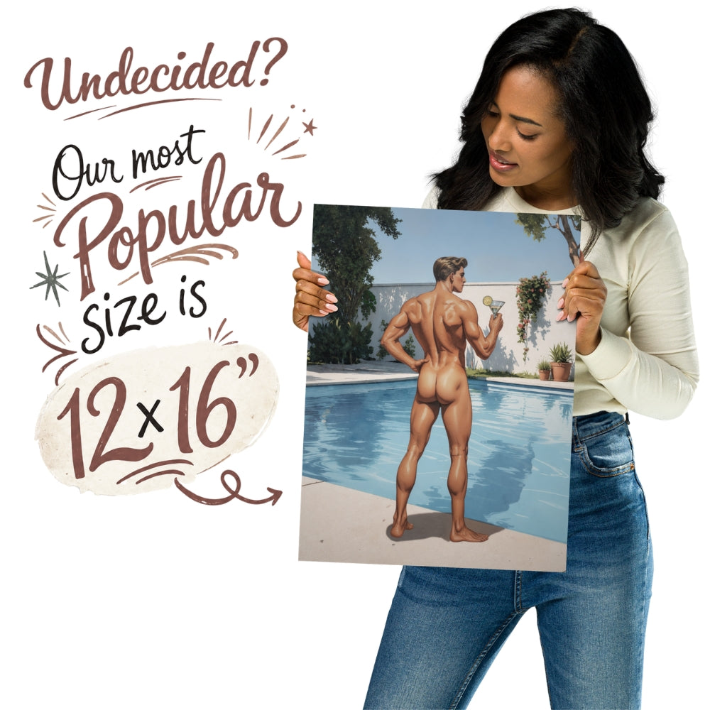 woman holding male pinup boy print with text, most popular size is 12x16"