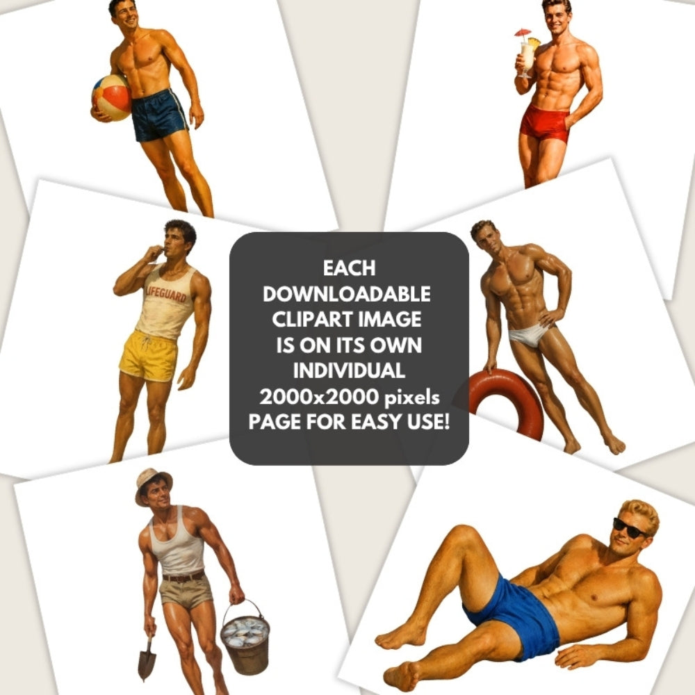 Set of vintage-style clipart images of men in swimwear on a white background.