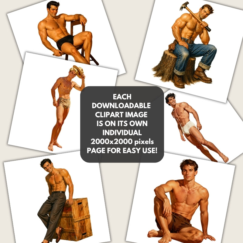 Set of vintage-style clipart images of a muscular man in various poses on a white background.