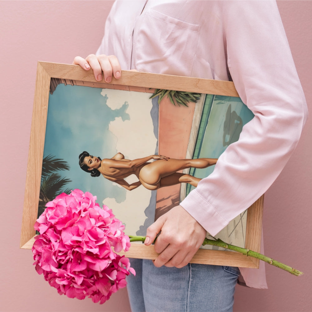 a man carrying a vintage pinup framed painting
