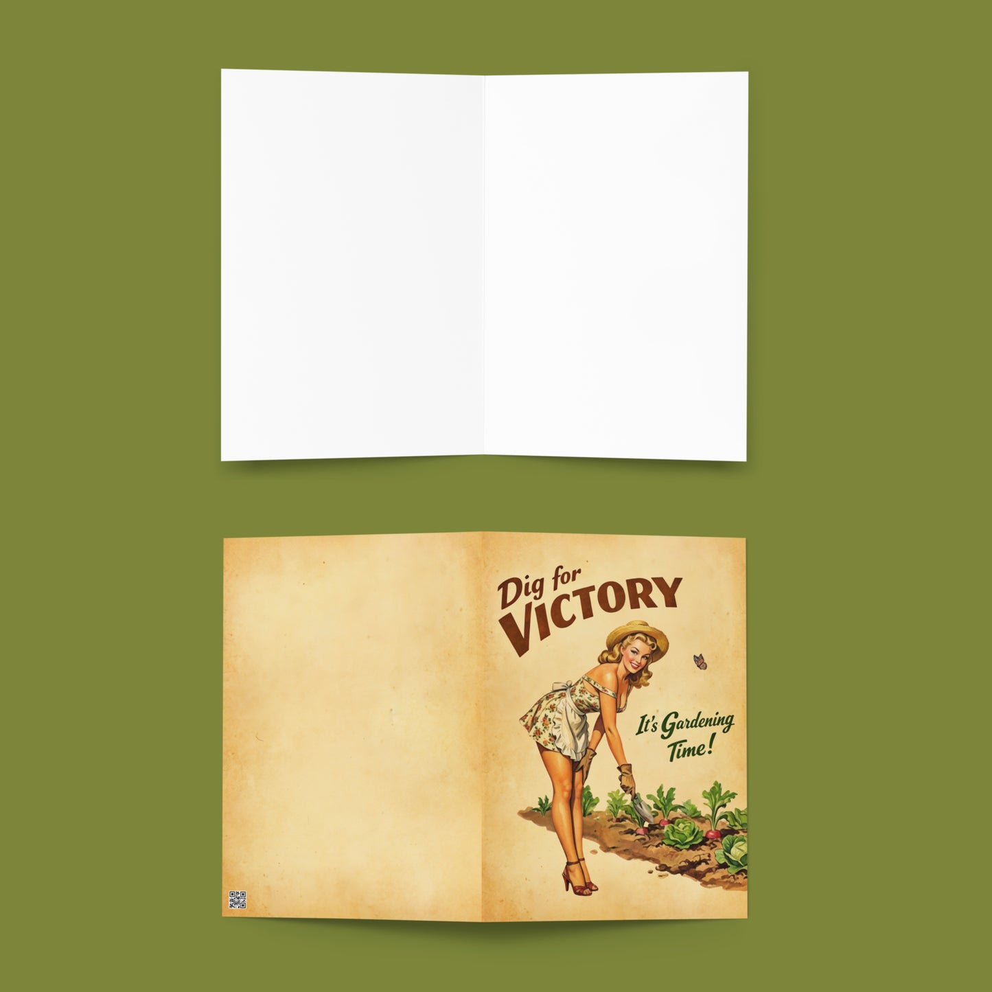 Greeting card with vintage-style illustration of a woman gardening on a green background