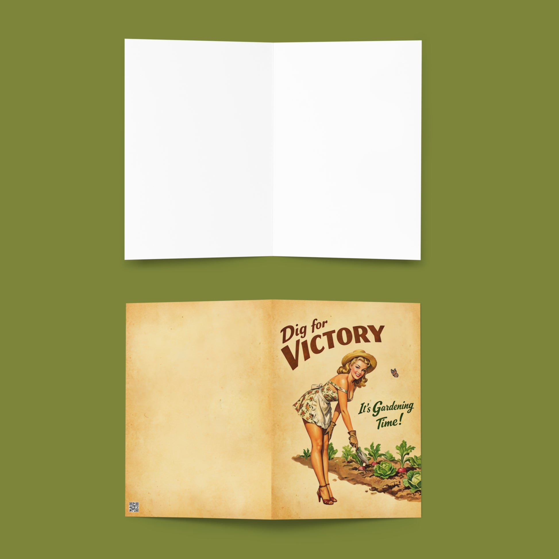 Greeting card with vintage-style illustration of a woman gardening on a green background