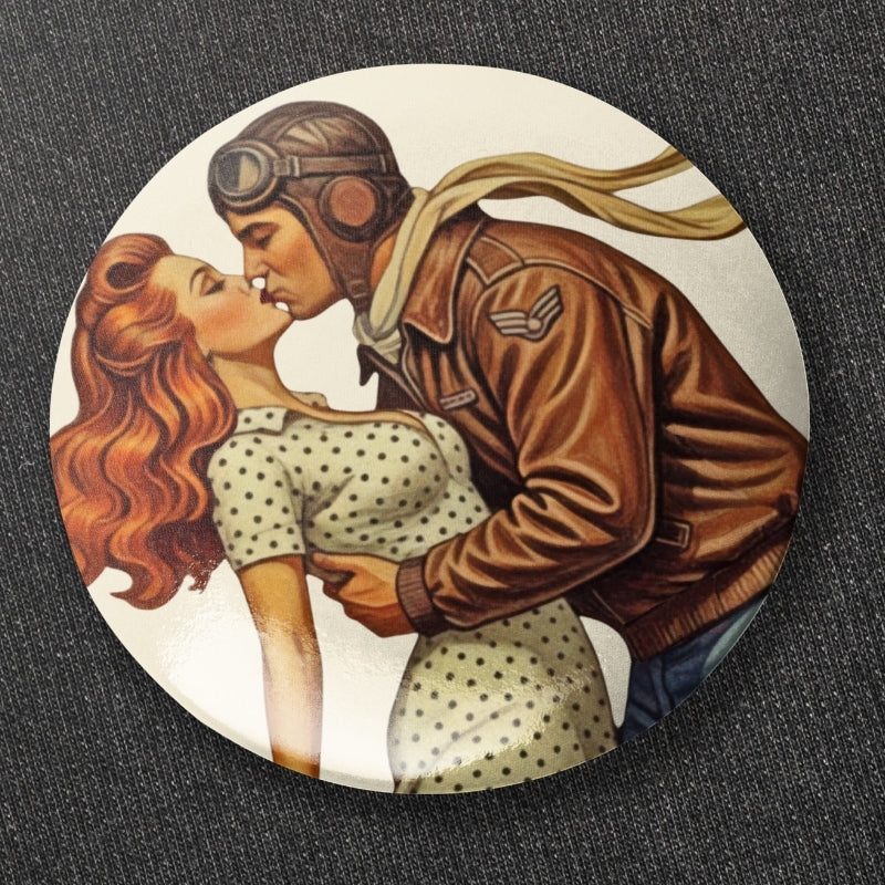 Illustration of a man in a pilot's uniform kissing a woman on a circular background