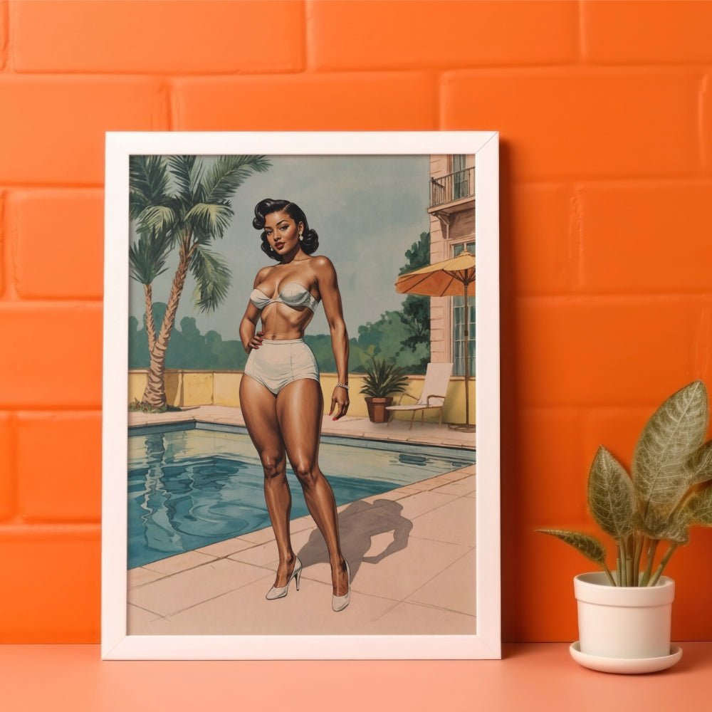 Framed artwork of a woman in a bikini by a pool on an orange wall.