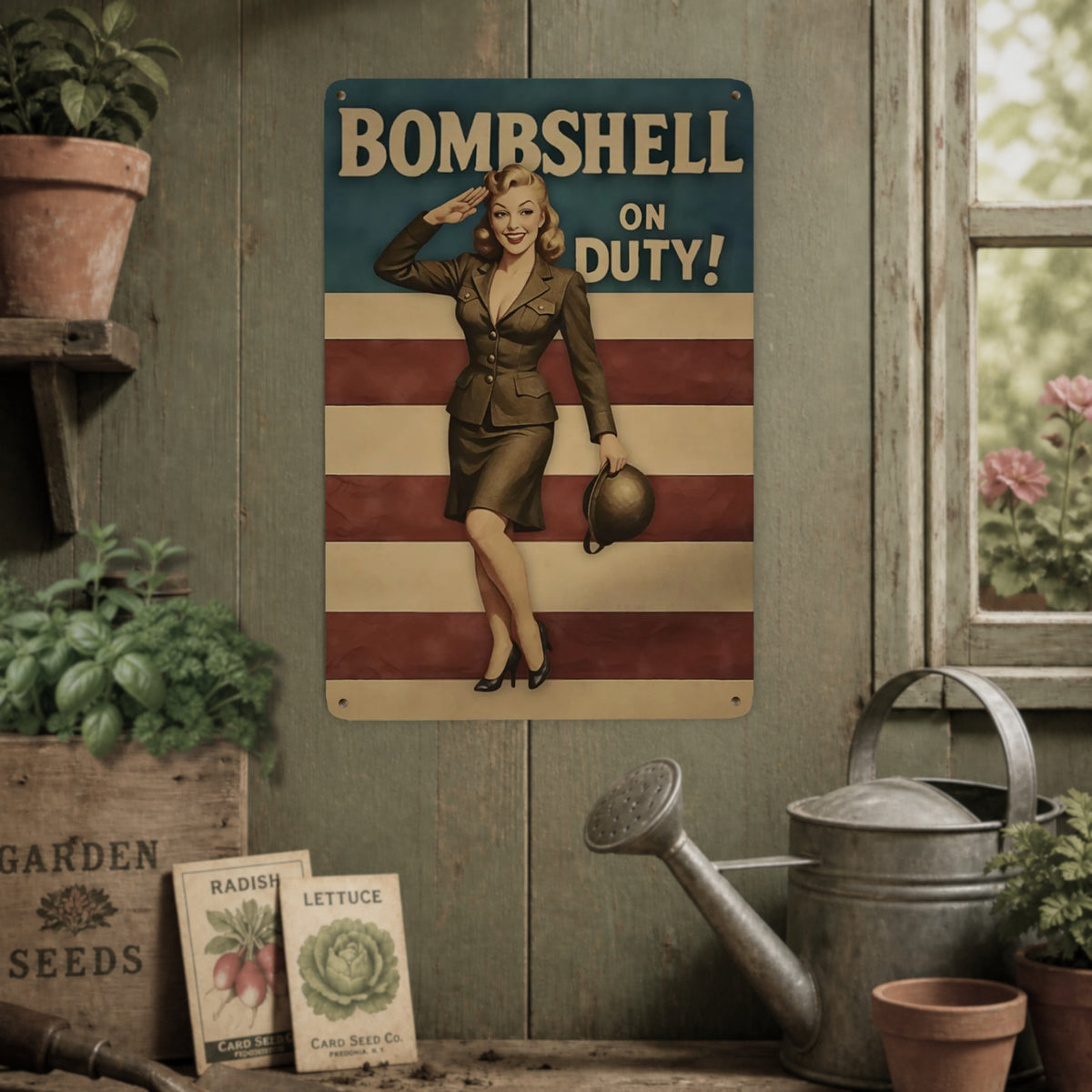 Bombshell on Duty Vintage Military Metal Sign