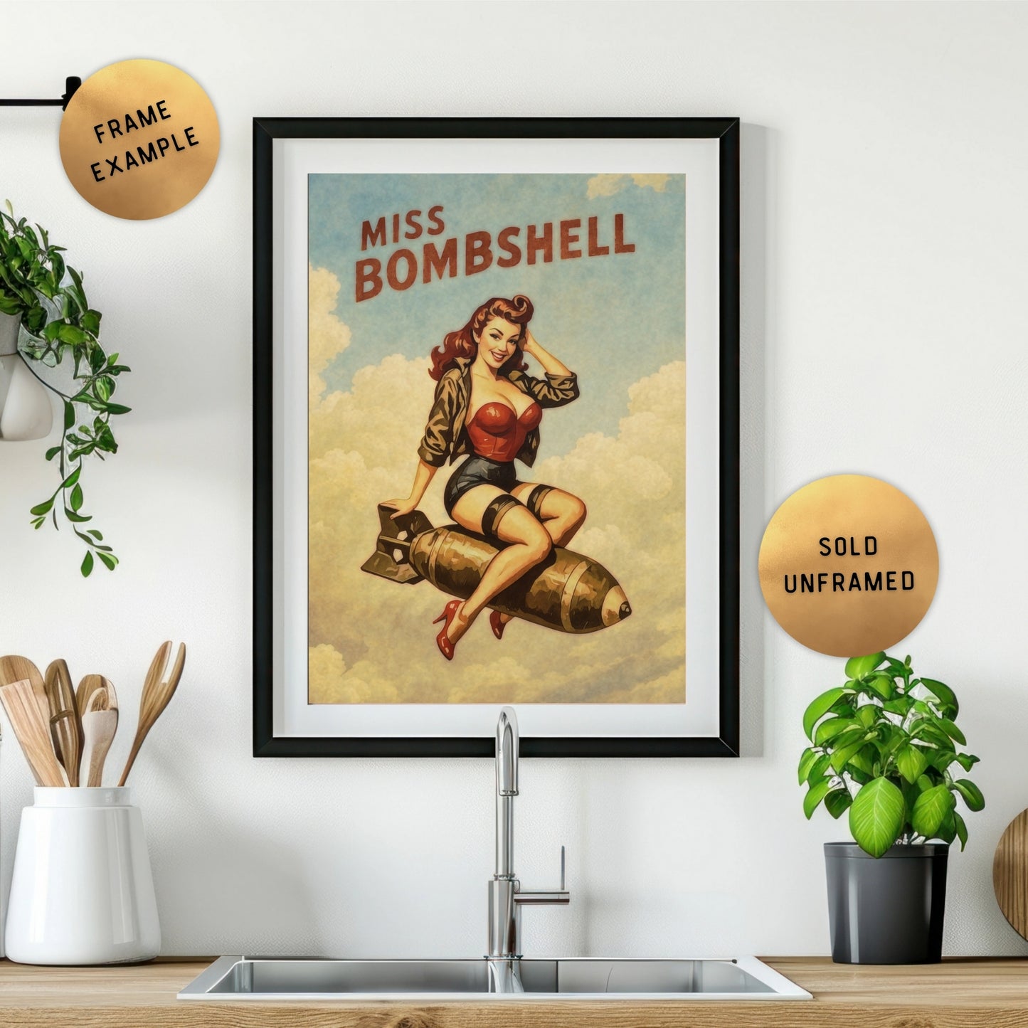 Framed poster of 'Miss Bombshell' in a kitchen setting with utensils and plants.
