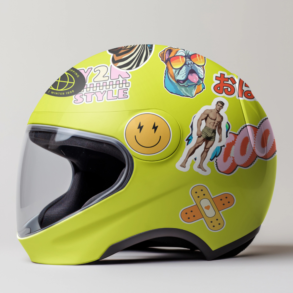 Yellow helmet with various stickers on a light gray background
