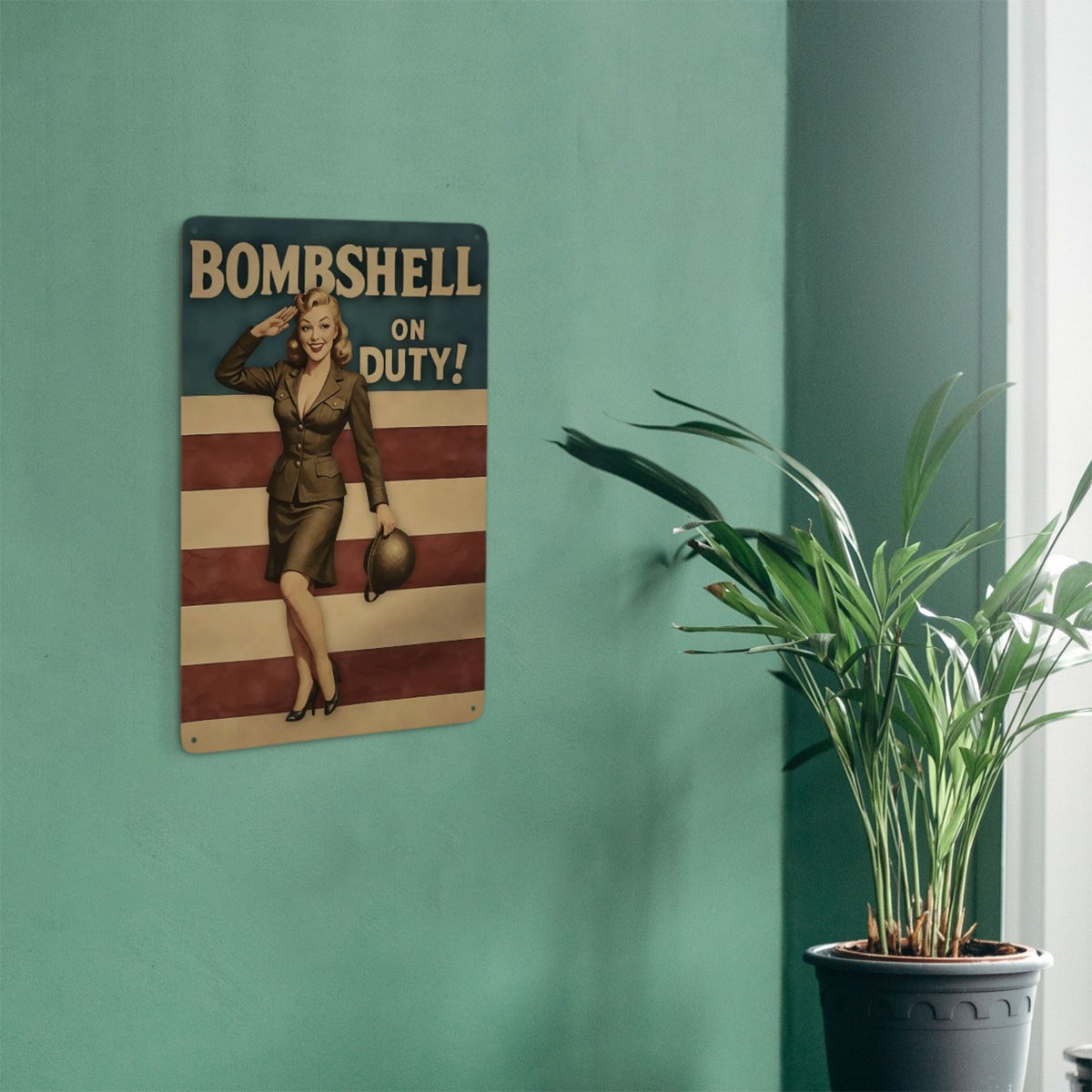 Bombshell on Duty Vintage Military Metal Sign